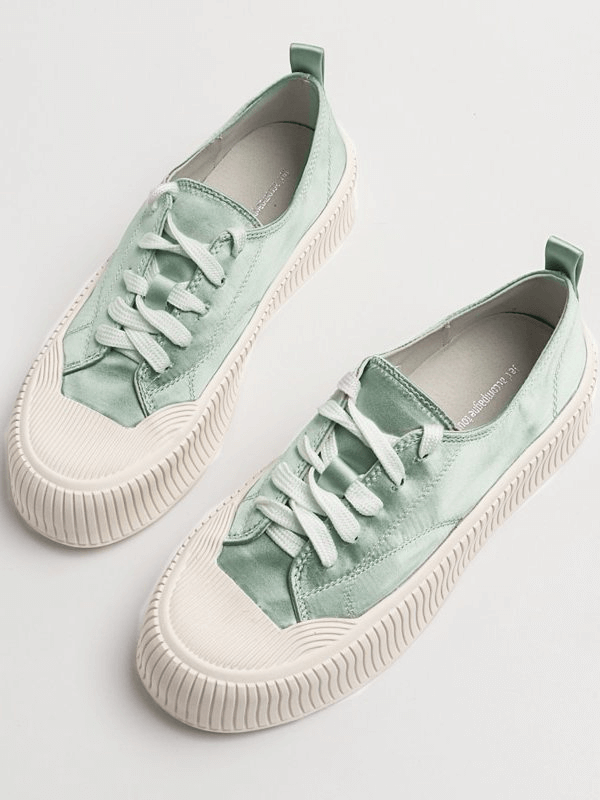 Women's casual lace-up thick flat sole sports shoes SF1008 in green, silk upper, cotton lining, round toe, rubber sole, perfect for casual wear.